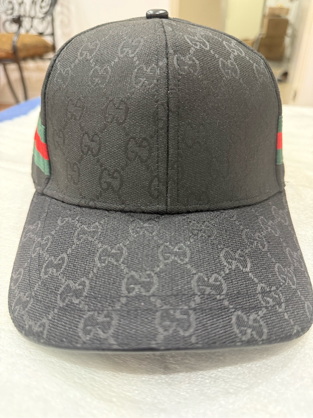 Gucci Black Monogram Baseball Cap with Green and Red Web Stripe